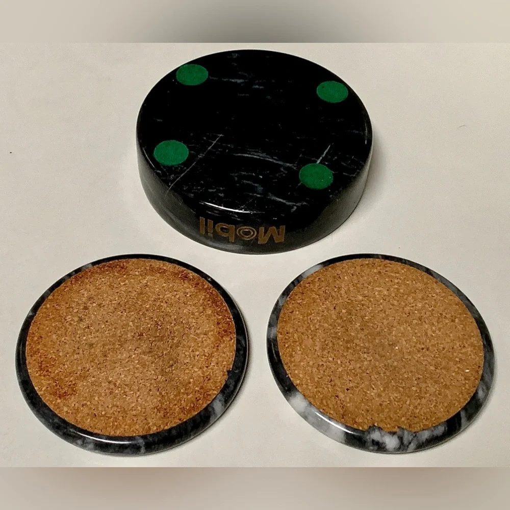 Vintage Executive Set of 2 Black Marble MOBIL Pegasus Logo Drink Coasters